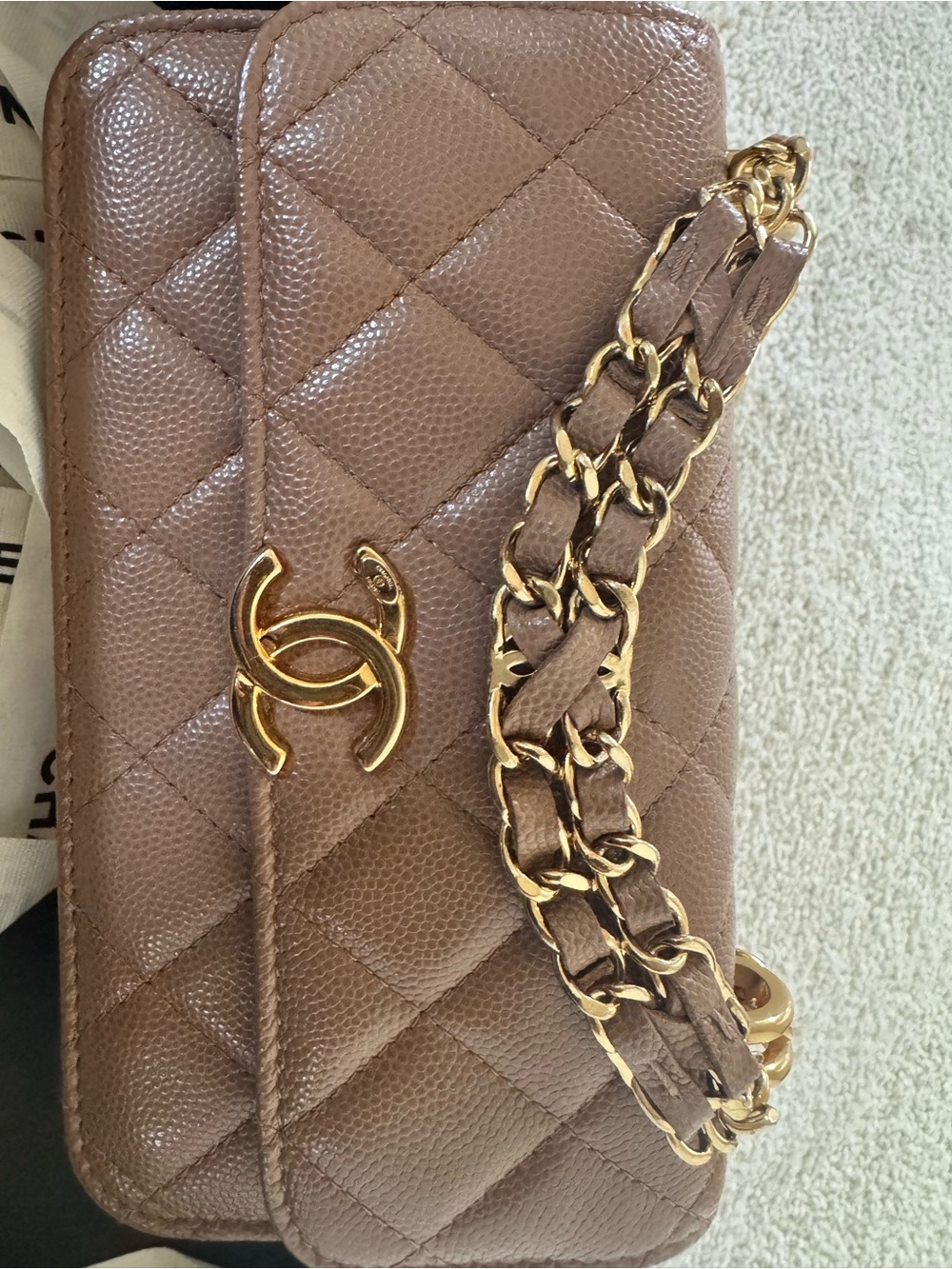 Chanel Coco First Phone Holder Dark Beige Caviar Gold Hardware 22K - Picture 2 of 12